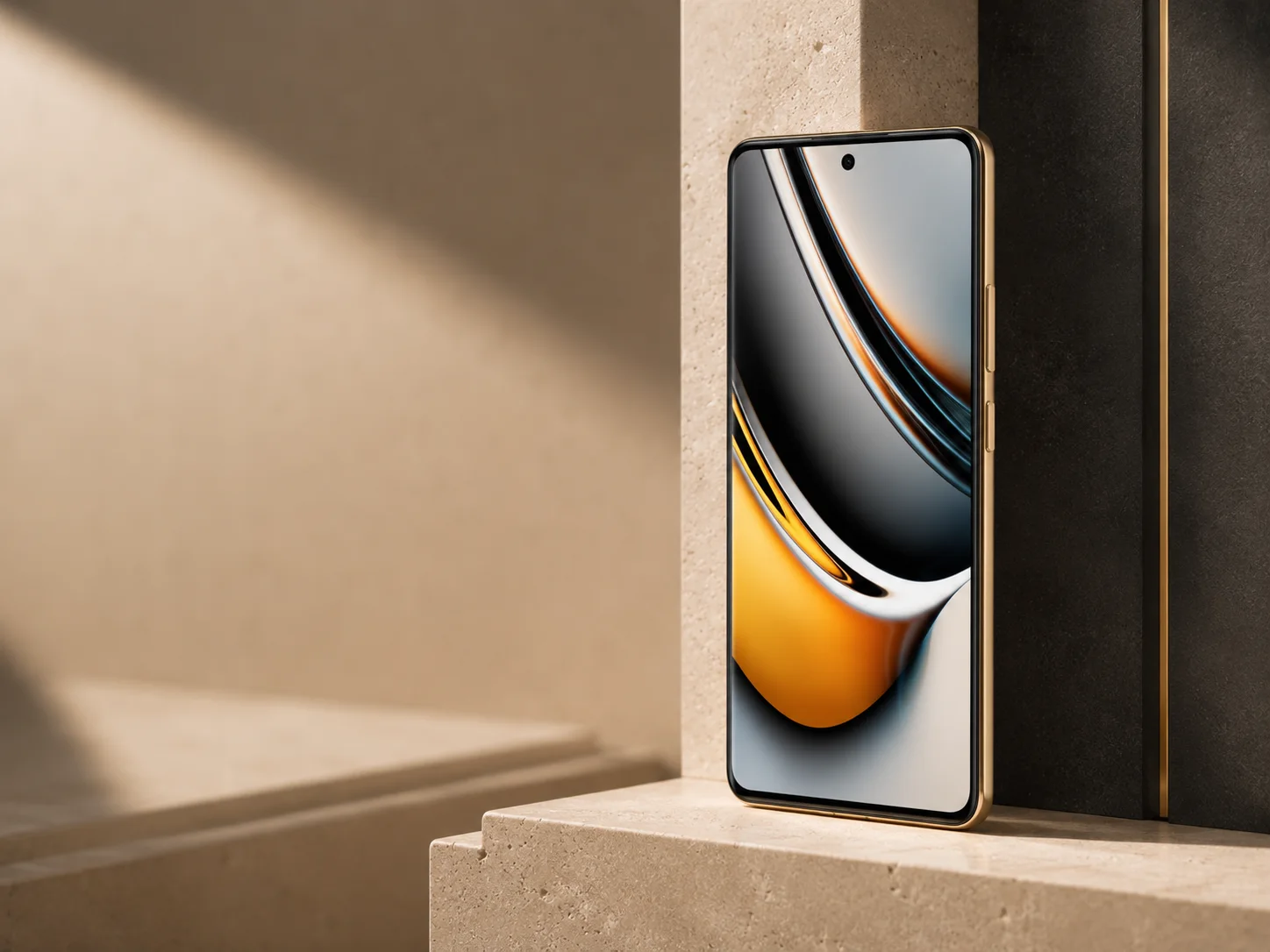 realme 11 smartphone front display in a premium architectural setting