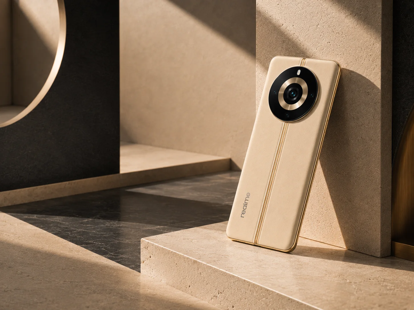 realme 11 smartphone in a sculptural architectural setting