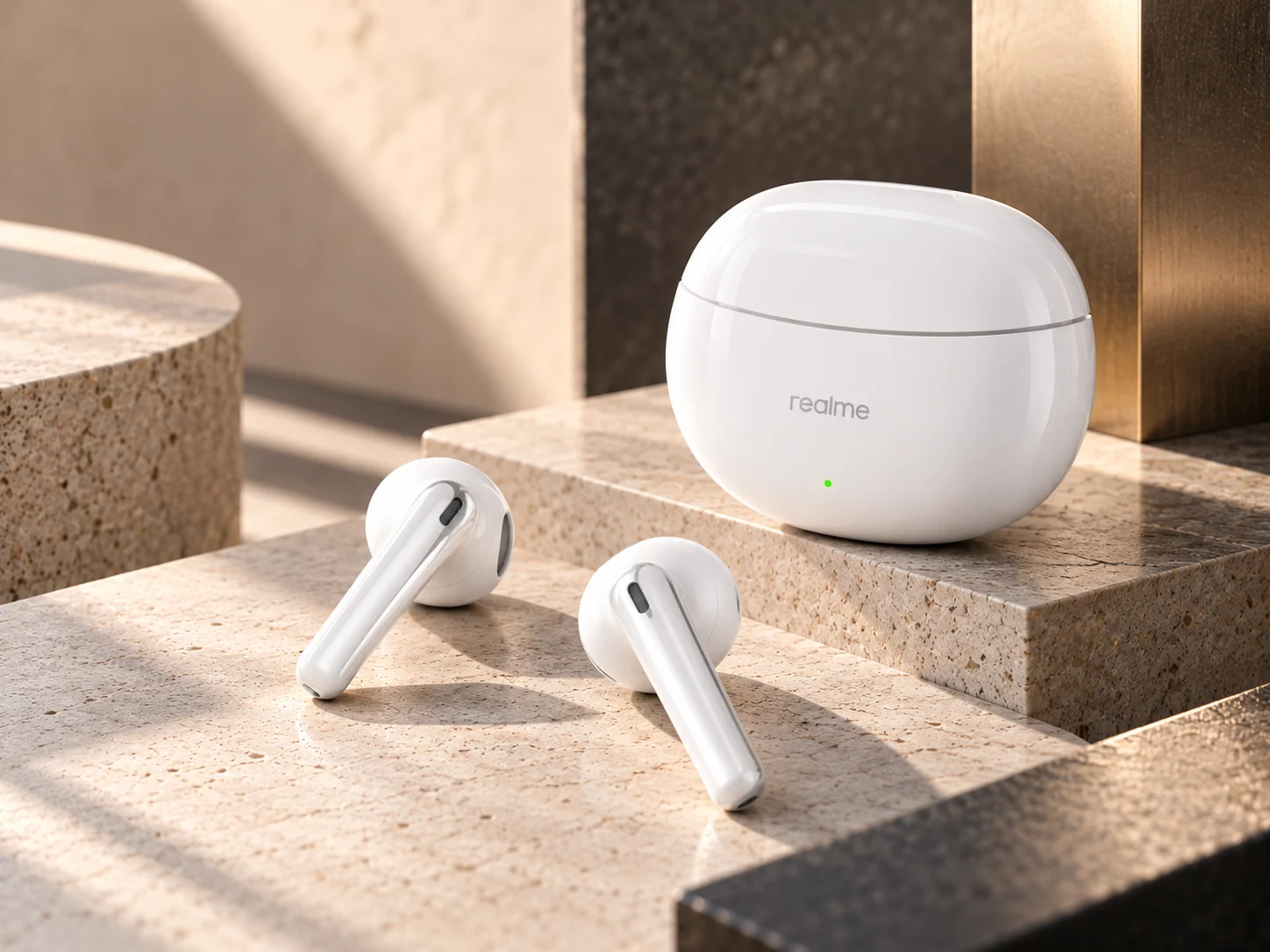 realme Buds Air Neo earbuds beside the closed charging case on stone