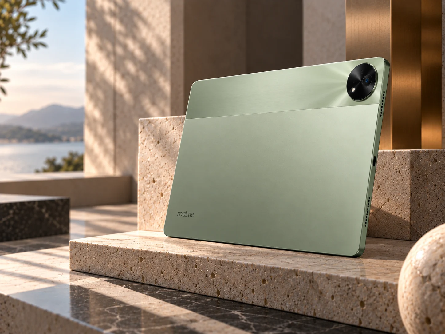 realme Pad 2 seen at an angle against stone, showing its slim metallic frame and proportions