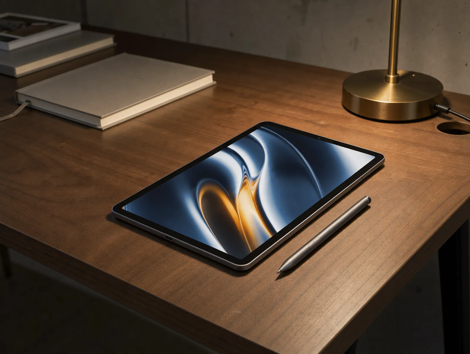 Editorial lifestyle view of the realme Pad X and stylus on a desk