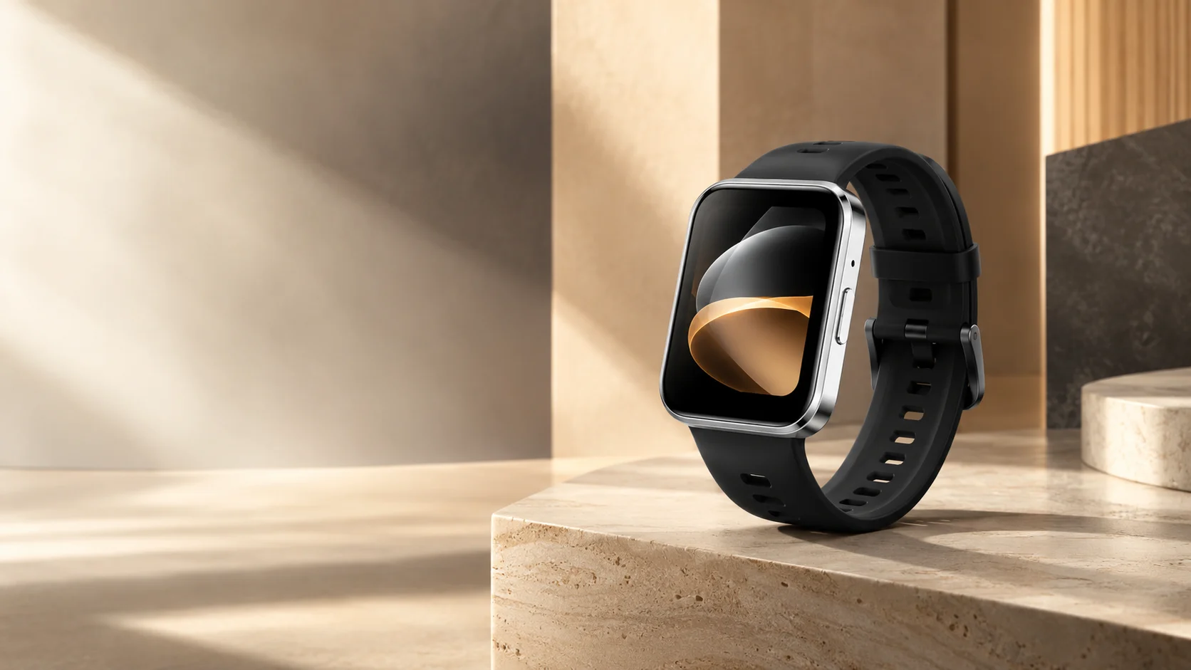realme Watch 3 with its chrome frame and black silicone strap in an architectural setting