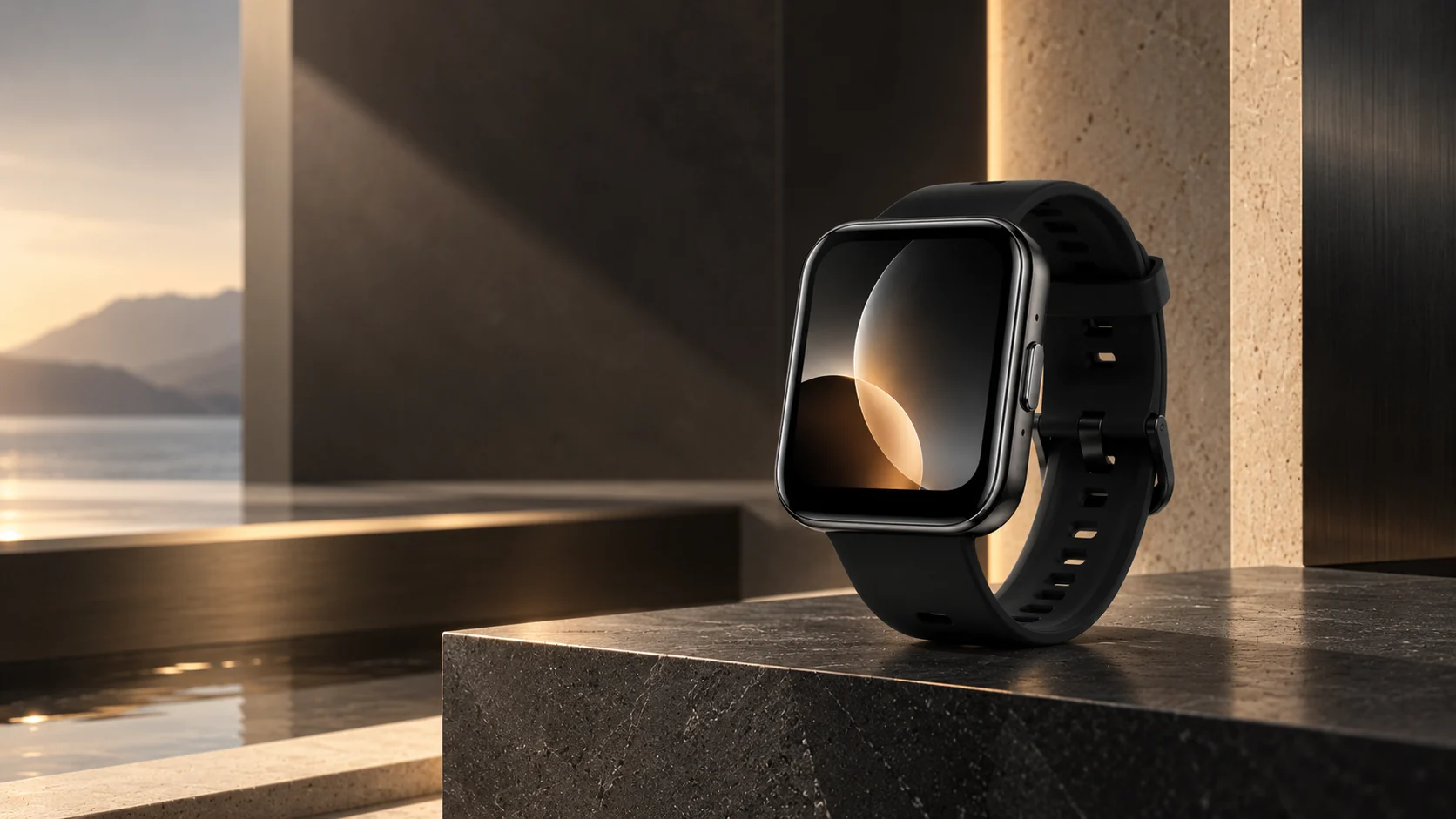 realme Watch 3 Pro with its dark graphite frame and black silicone strap in an architectural setting