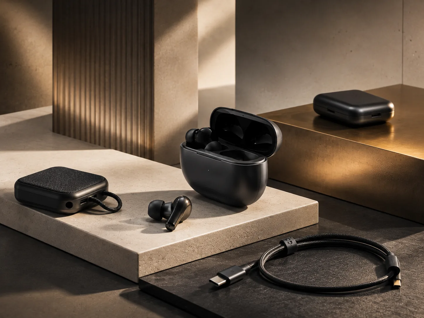Editorial audio technology composition representing realme accessories